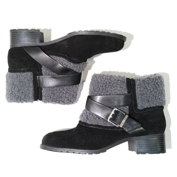 Size 8 Charles David‎ Jen Suede Cuffed Grey Shearling Lug Sole Moto Boot Black - Picture 2 of 8
